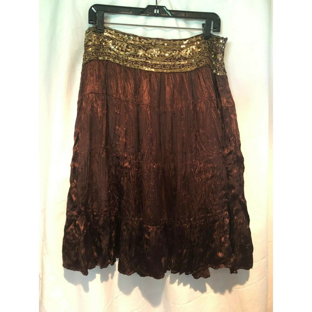 Cache Brown Silk like Boho Hand Sewn Sequins Crinkle Lined Skirt New NWT $138 - Picture 7 of 9